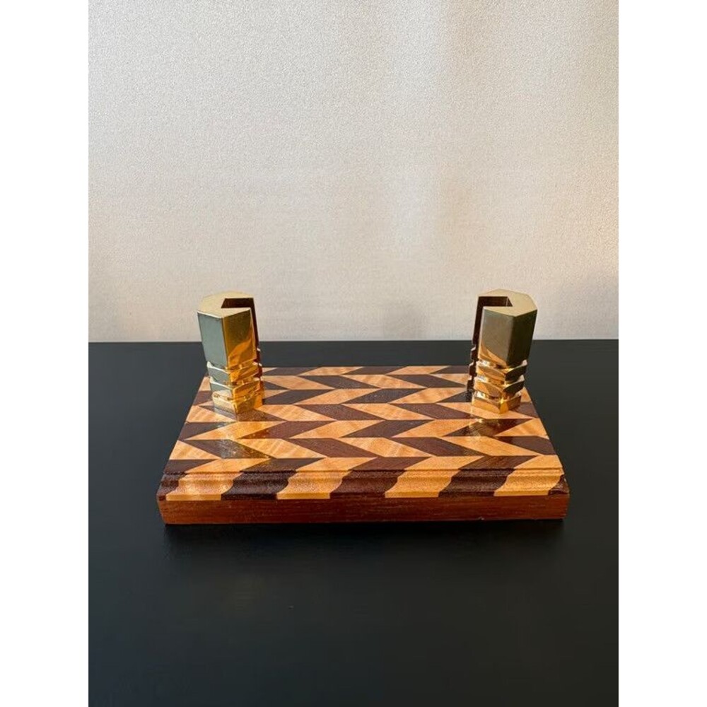 Marquetry Wood Desk Pen Stand Inlaid Chevron Parquetry Brass Card Holder
